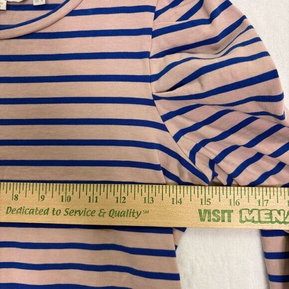 Boden Striped Puff Sleeve Long Sleeve Cotton Top Pink with Blue Stripes Women's - Picture 5 of 9